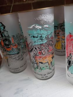 These are vintage 1950s Libbey frosted Tom Collins glasses commemorating the Colorado "Rush to the Rockies" Centennial.