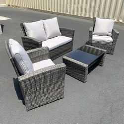 New in box $295 Outdoor 4pcs Patio Wicker Set, Rattan Sofa Loveseat 48x26”, Armest Chair 29x26”,  Table 34x20”