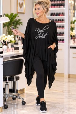 Nail Artist Black Rhinestone Draped Tunic Top One Size