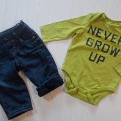 Baby Gap Boys 6-12M NEVER GROW UP Bodysuit Fleece Lined Denim Jeans