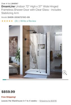 DreamLine Unidoor 72" High x 37" Wide Hinged Frameless Shower Door with Clear Glass - Includes Stabilizing Arm