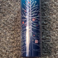 Starbucks Tumbler slim line blue Christmas tree with swivel sip spout 16 oz