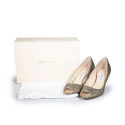 Jimmy Choo Gold Glitter Peep Toe Heels (size 37/US7)