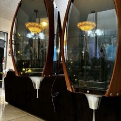 Pair Of Vintage Mid-Century Modern Smoked Acrylic, Walnut and Chrome Pendant Light