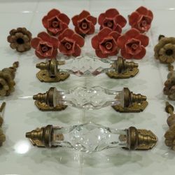 Three Vintage Acrylic And Brass Drawer Handles And 14 Knobs