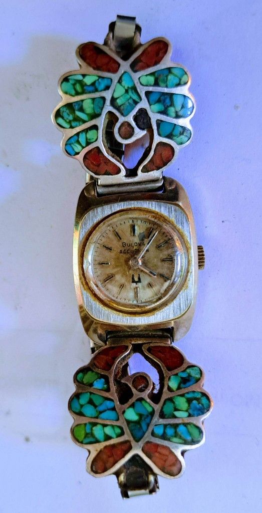 Vintage Silver And Turquoise Navajo Natice American Watch Band With Bulova Watch