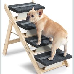 Wood Pet Stairs/Pet Steps for All Dogs and Cats - 2-in-1 Foldable Carpeted 4 Tiers Dog Stairs & Ramp Perfect for Beds and Cars - Portable Dog/Cat Ladd