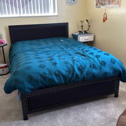 Metal Bed Frame with Black Linen Upholstered Headboard