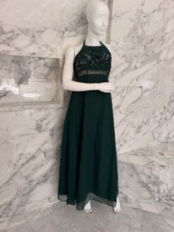 Vintage Emerald Green Beaded Sequin Halter Evening Gown Formal Prom Dress