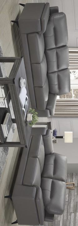 Mischa Dark Gray Top-Grain Leather Living Room Set SOFA and Loveseat