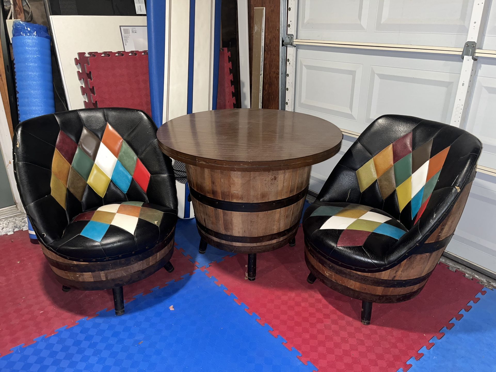 Vintage Barrel Table + 2 Swivel Chairs Set – Mid Century Harlequin – Rare
