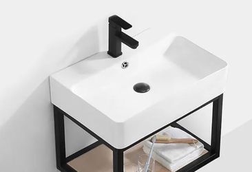 Simple Ceramic Above Counter/Wall Mount Rectangular Rounded Corners Bathroom Sink, 20.5 L x 17.75” W x 6.25 H, Glossy White