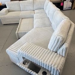 Corduroy LIGHT SILVER RHF Fabric Half U-Shaped Pull Out Sectional Sofa w/ Storage Armrest w/ USB + Pillows