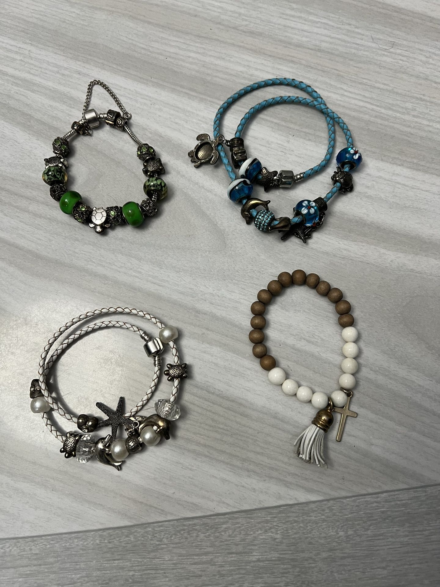 Lot of 4 Bracelets leather charms cross turtle sea ocean silver glass beads blue green white wood dolphins starfish heart boho Silver tone, beach, b