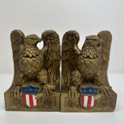Vintage INARCO Ceramic Eagle w/ Flag Crest Bookends, Sand Weighted Japan - EUC