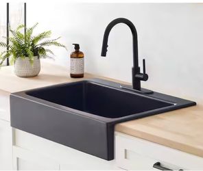 SINKOLOGY Parker 34 in. 3-Hole Quick-Fit Farmhouse/Apron-Front Drop-In Single Bowl Matte Black Fireclay Kitchen Sink