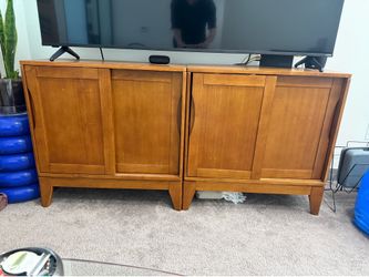 Mid Century Modern Solid Wood Sliding Door Cabinets / TV Stand Set
