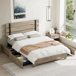 Full size Bed Frame with 4 Storage Drawers, Industrial Wood and Metal Panel Headboard