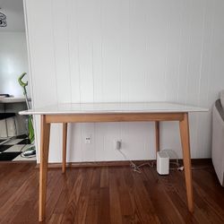 Mid-Century Modern Desk / Dining Table – White Top & Wood Legs