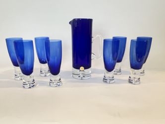 Poland Stockholm Block Crystal Mouth Blown Pitcher And Glasses 