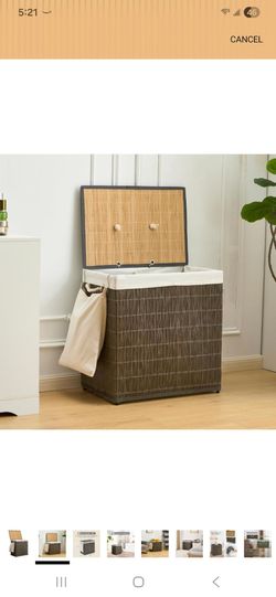 Large Laundry Hamper with Lid 150L Rattan Basket 2 Removable Bags Grey