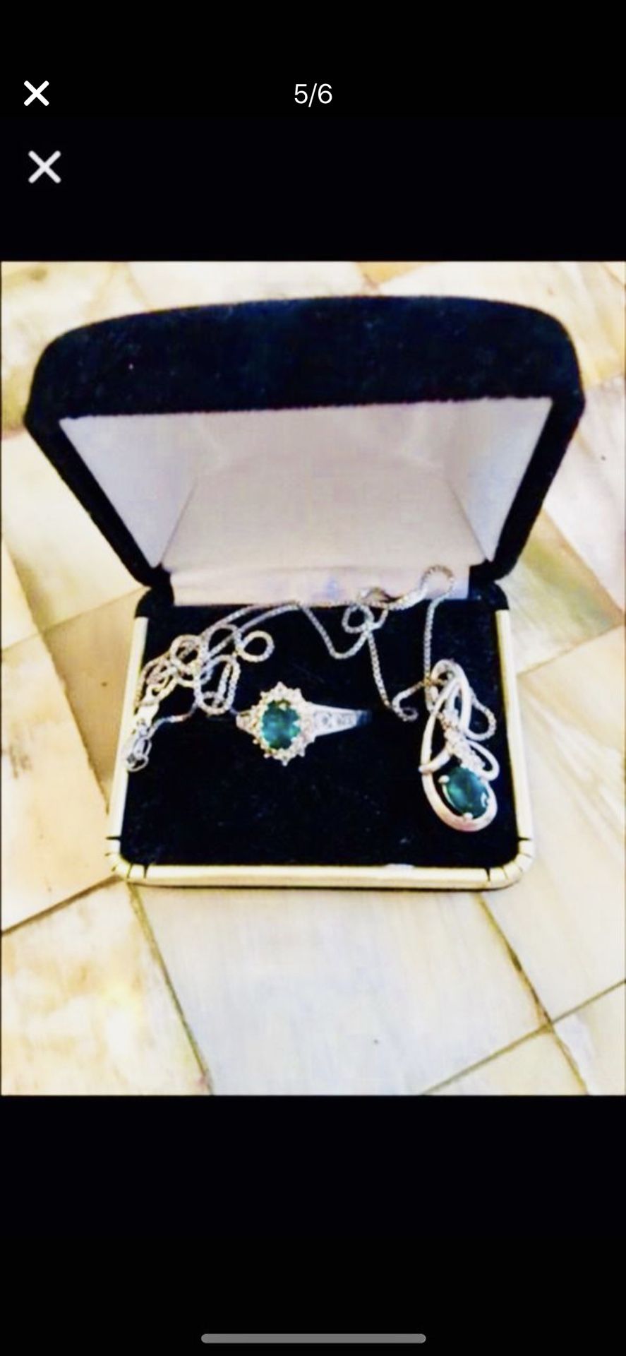 Emerald and diamond pendant necklace and ring set