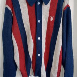 PLAYBOY X PACSUN STRIPED EMBROIDERED BUNNY LOGO CARDIGAN SWEATER Size L