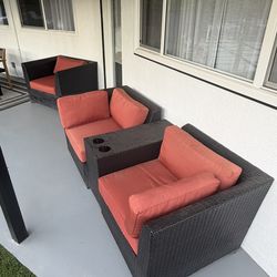 Modern Outdoor Patio Chair Set w/ Cushions + Built-in Cupholder Table