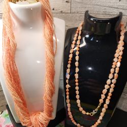 $2117, STUNNING! PEACH MOONSTONE SET OF TWO VINTAGE NECKLACES. 18"IN, 36"IN 
