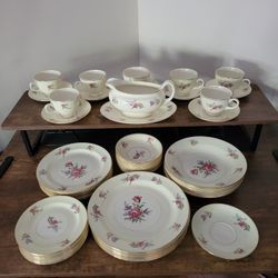 Vintage 55 pc China Set Priscilla Pattern by Household Institute Cream & White with Floral Sprays and Gold Trim 