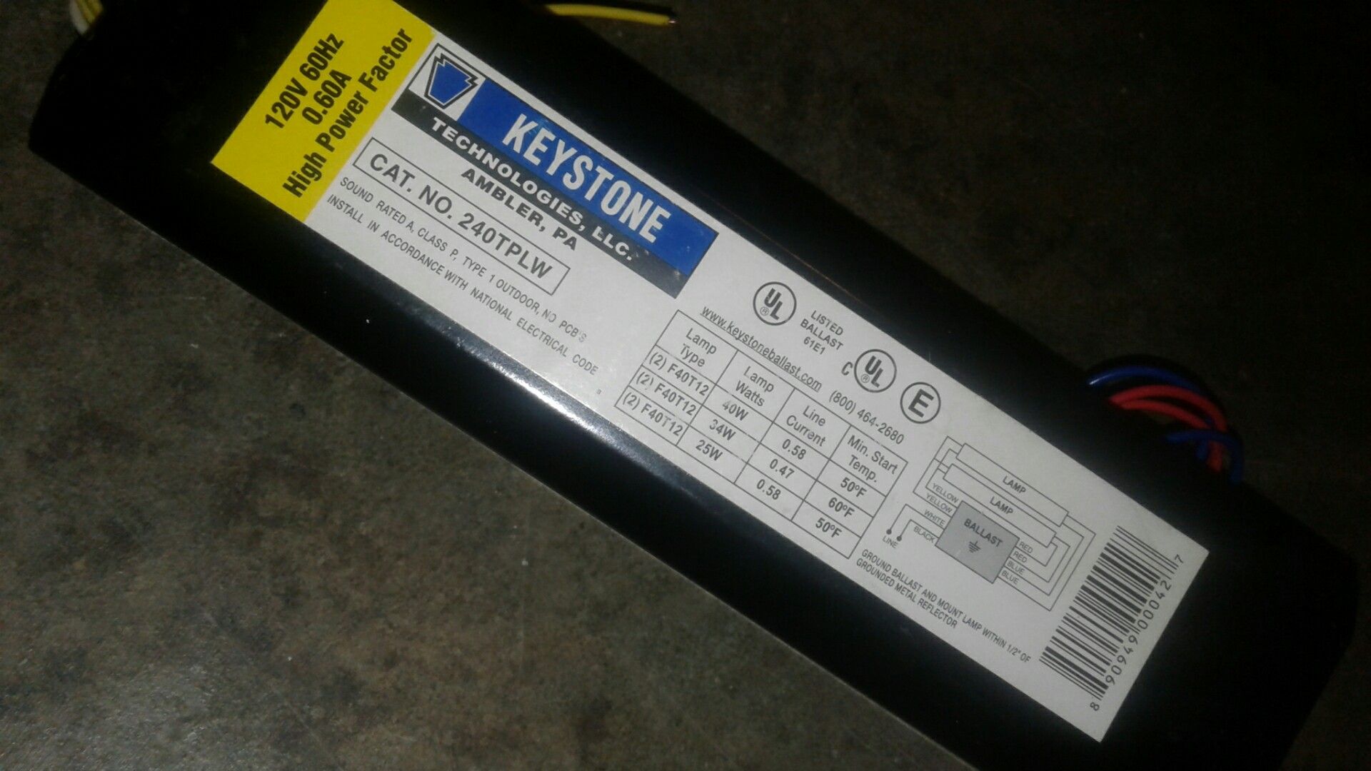 KEYSTONE TECH., LLC. 120V 60Hz 0.60A HIGH POWER FACTOR BALLAST CAT