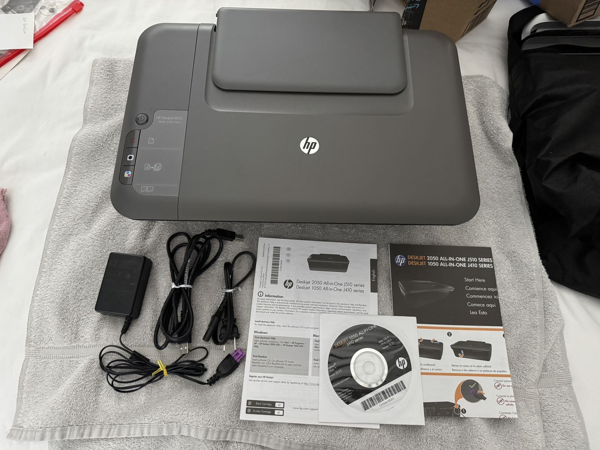 HP Deskjet 1050 All-in-One J410 Printer w/ Power Cable, USB, Driver CD, Manual – Tested