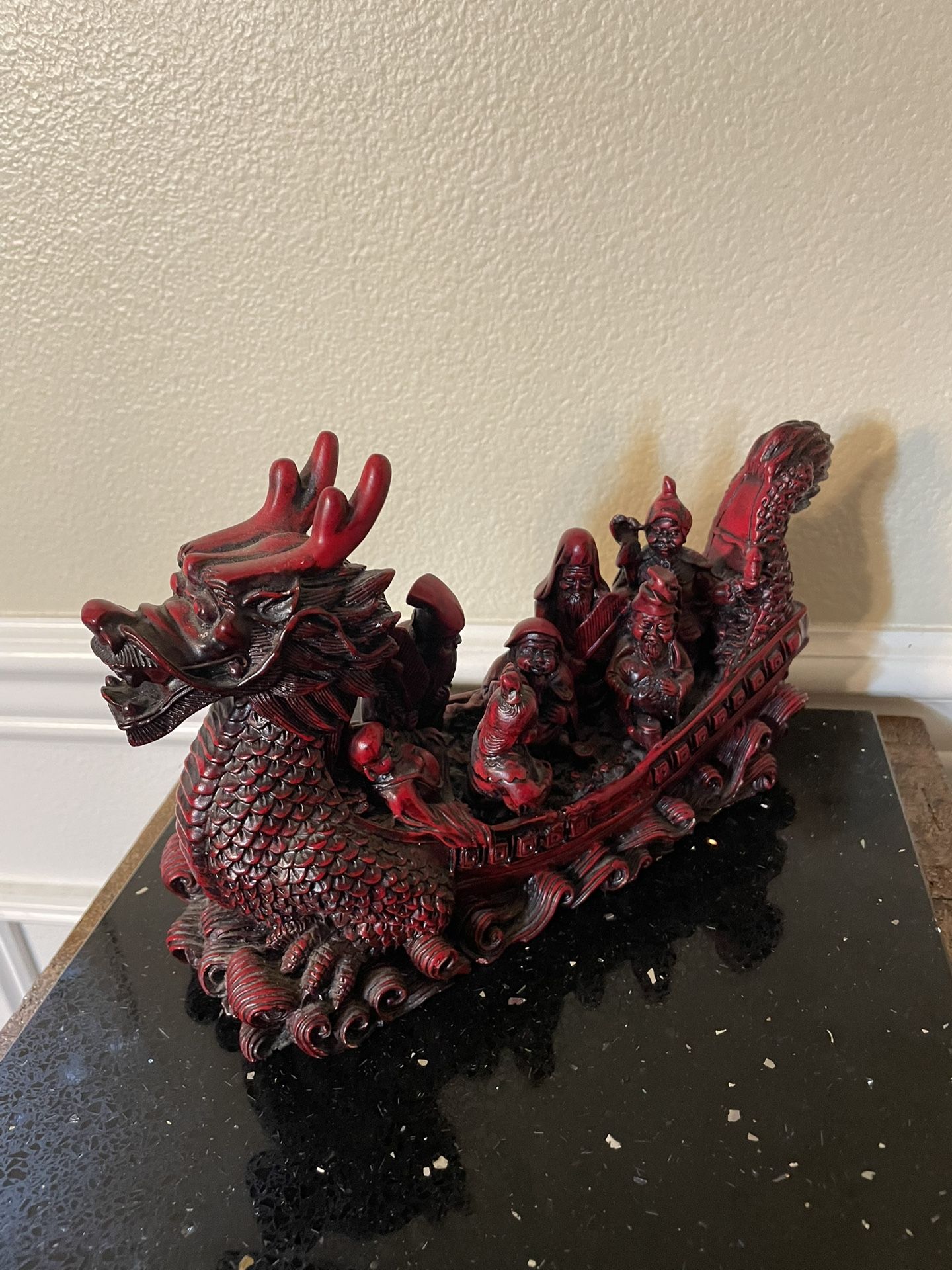 Vintage Red Resin Stone Dragon Boat Statue