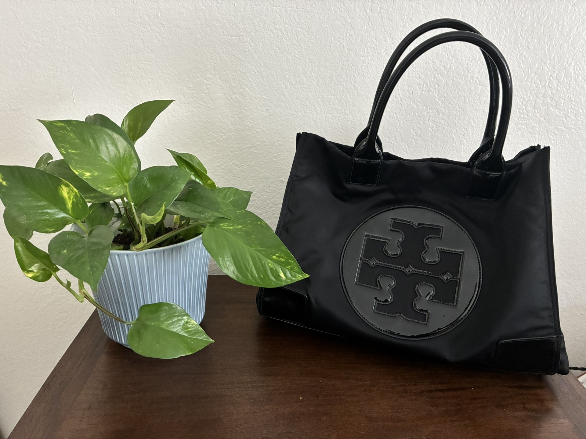 Tory Burch Black Nylon and Patent Leather Large Double Handle Tote Bag