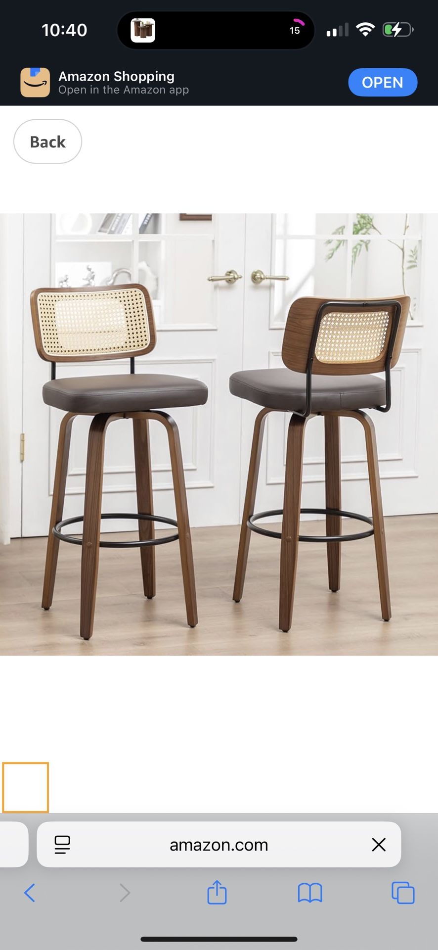 Counter Height Bar Stools - Swivel BarStools with Curved Rattan Back, Walnut Craftsmanship, Upholstered Seat, Kitchen Island Stools for Kitchen/Island