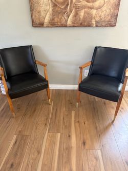 Pair of Mid-Century Armchairs Black Vinyl Wood Frame