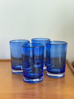 Cobalt Blue Glass Tumblers; Set of 4, Clear Base