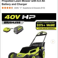 Ryobi 40V HP Brushless 20 in. Cordless Electric Battery Walk Behind Self-Propelled Lawn Mower with 6.0 Ah Battery and Charger