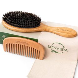 Sonvera Boar Bristle Hair Brush - Bamboo Natural Soft Hair Brushes for Men Women Kids - Boars Pure Set with Wooden Straightening Comb Short Travel Bag