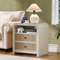 Rattan Nightstand, 23.6'' Rattan End Table with Ample Storage, White Cream Oak