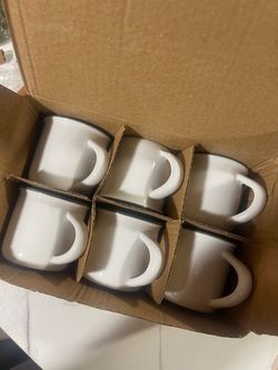 Set of 6 Mini White Ceramic Mugs with Dark Rim
