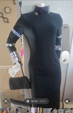Black Long Sleeve Bodycon Dress with Rhinestone Trim