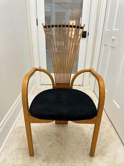 Vintage 1993 Postmodern Sculptural Fan-Back Wood Armchair – Black Velvet