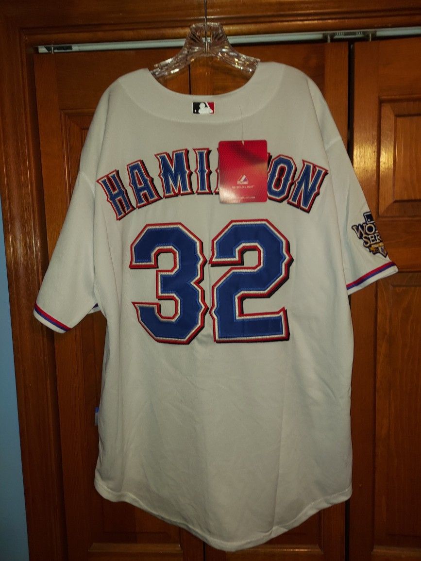 RARE MENS SIZE 56 TEXAS RANGERS HAMILTON #32 WORLD SERIES JERSEY FROM MAJESTIC AUTHENTIC COLLECTION NEW WITH TAGS