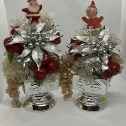 Vintage MCM Pair Christmas Holiday Mr & Mrs Clause Floral Centerpieces 11” Tall