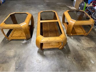 Vintage Oak Coffee Table Set with Smoked Glass - 3 Piece Matching Set