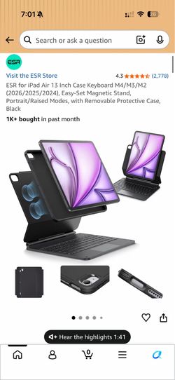 ESR for iPad Air 13 Inch Case Keyboard M4/M3/M2 (2026/2025/2024), Easy-Set Magnetic Stand, Portrait/Raised Modes, with Removable Protective Case, Blac