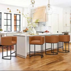 Set of 4, Modern Barrel Counter Stools with Backrest and Arms, Black Metal Frames,Faux Leather Upholstered Accent Barstools for Kitchen Island,Yellowi