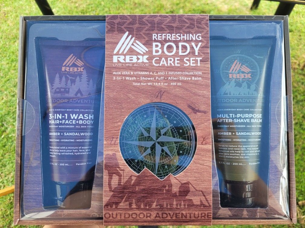 Men's Hair, Face, Body Wash Set. After Shave Balm. Loofah. Smells Good