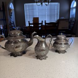 Antique Victorian Silver Plate Tea Set – 3 Piece Ornate Floral Tea Service 1890s